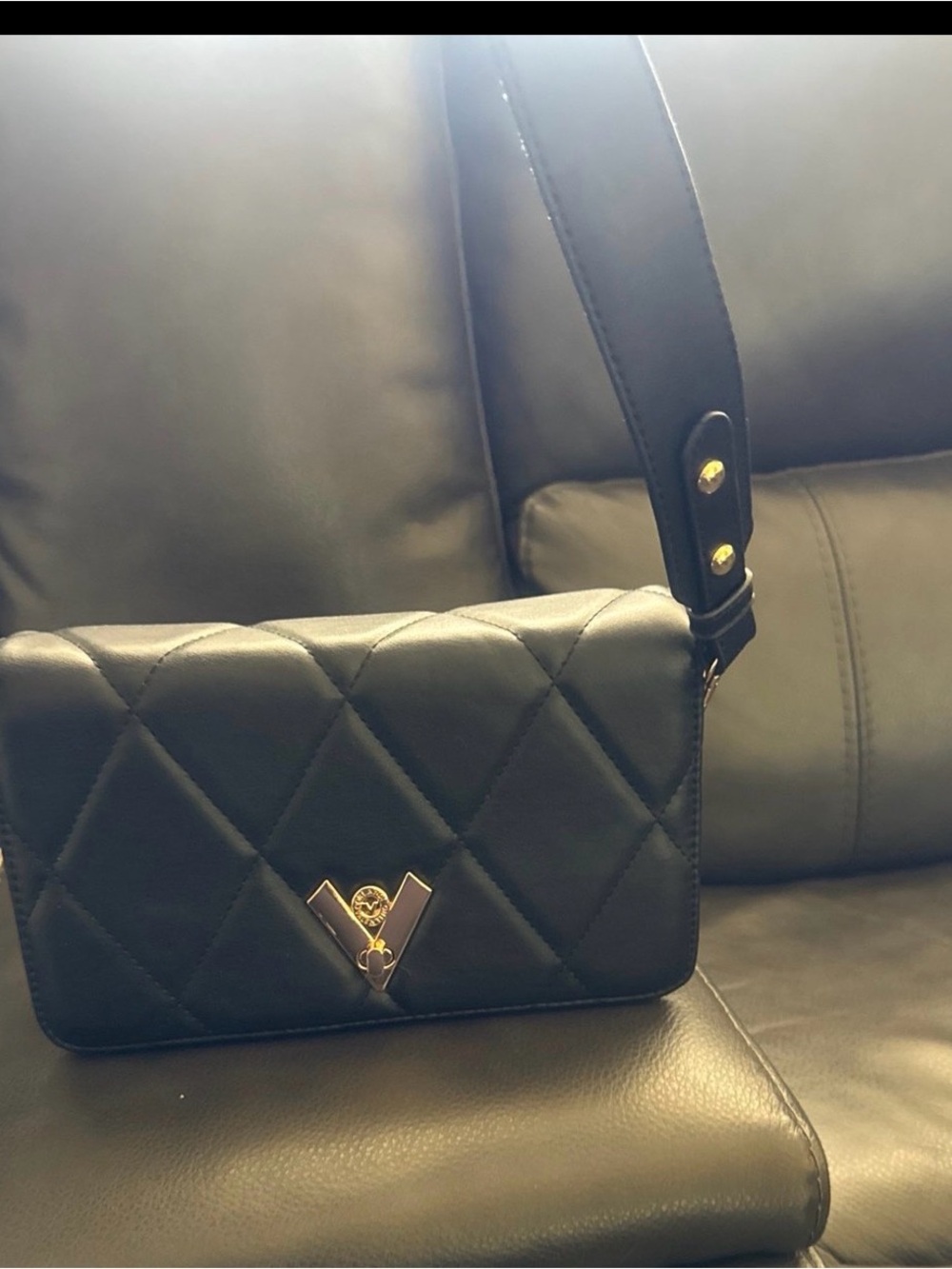 Valentino Black Quilted Shoulder Bag with Gold V Accent